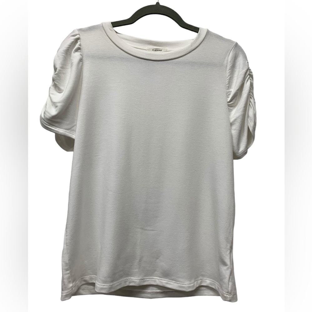 New! Pleione round neck knit blouse pullover, puff rouched short sleeve, medium